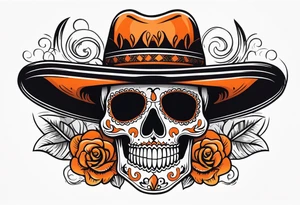 Mexican skull with sombrero with smoke coming out of the bottom orange and black tattoo idea