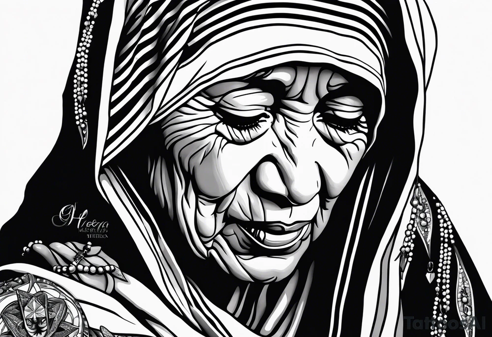 Mother Theresa looking down with black tears and rosary tattoo idea