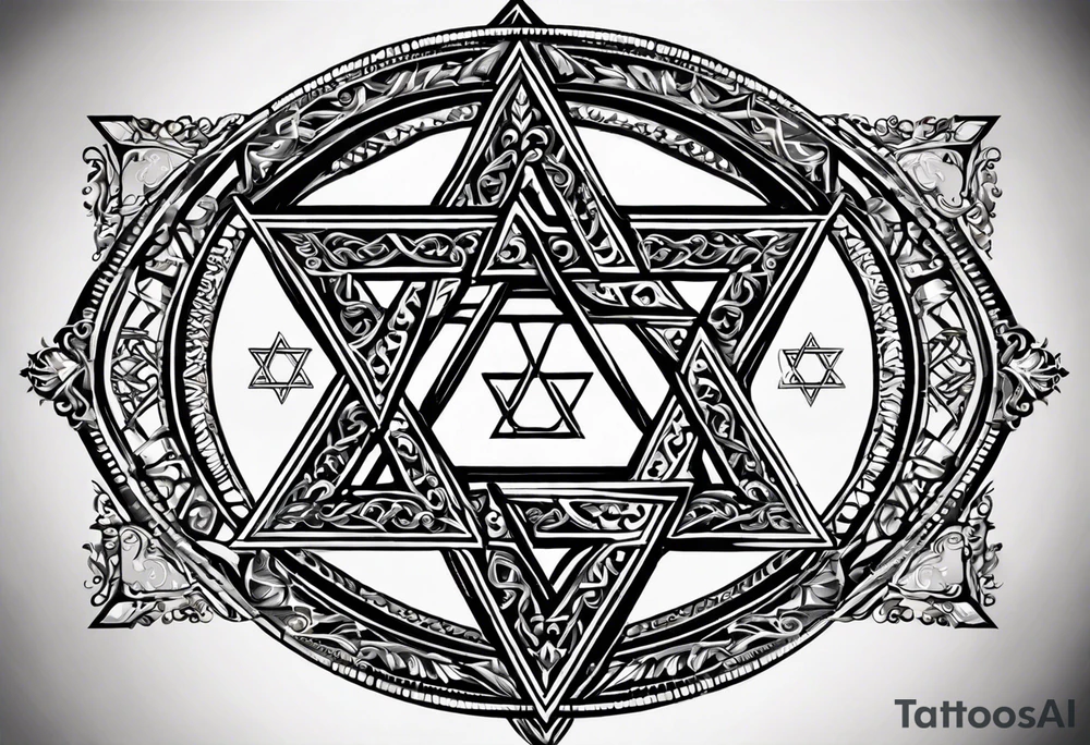 I would like two symmetrical tattoos on the left and right sides of my chest. The main element should be a Star of David (six-pointed star) on each side. Inside each star, I want the Armenian Wheel of Eternity.

	•	The Wheel of Eternity should be placed in the center of the Star of David, with a circular, swirling design to symbolize infinity and continuous life cycles. It should be detailed but simple enough to blend seamlessly with the star.
	•	The overall look should be bold, clean, and geometric, with a modern and minimalist style. tattoo idea