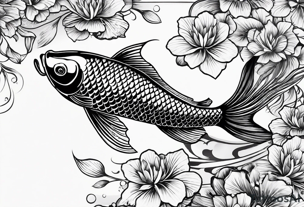 koi fish in pond on white background, black and white, intricate Polynesian tattoo, for laser engraving tattoo idea