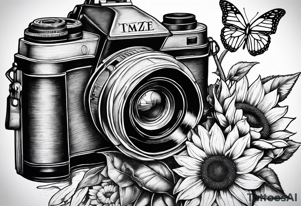 Butterfly, sunflower, camera, book, flower rose tattoo idea