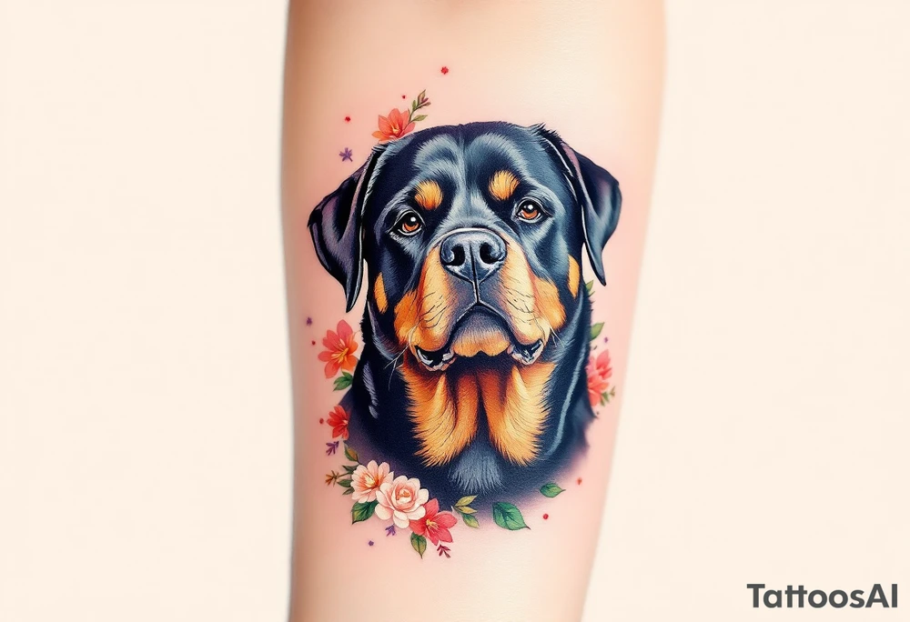 Neo-Traditional Rottweiler – A bold, detailed Rottweiler design with clean lines, saturated black and orange-brown fur, and bright traditional-style flowers around it. tattoo idea