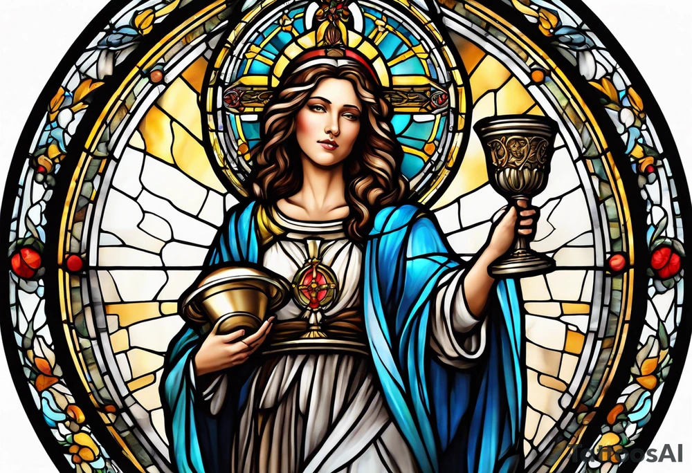 holy saint woman with halo stained glass holding a chalice with artillery tattoo idea