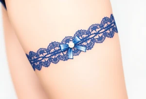 A delicate lace garter tattoo in deep royal blue, adorned with a small white satin bow and pearl centerpiece tattoo idea