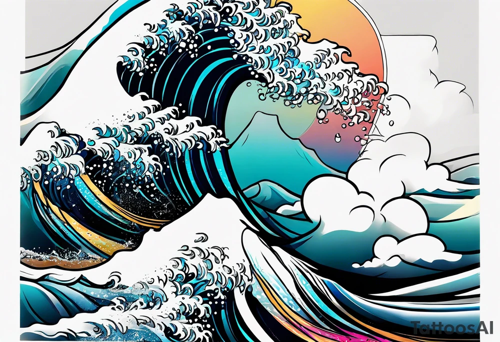 wave  "come what may" written underneath in cursive outside forearm not an oval tattoo idea