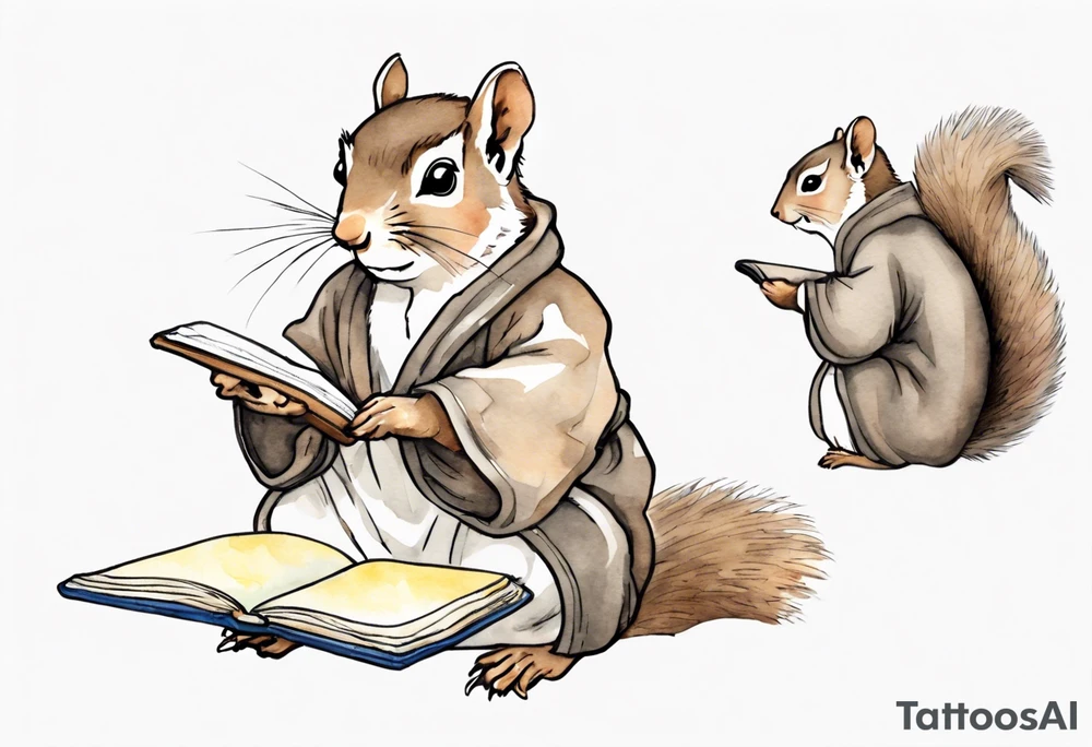 an elderly grey squirrel wearing a taupe  robe, writing in a journal tattoo idea