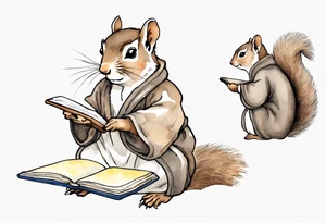 an elderly grey squirrel wearing a taupe  robe, writing in a journal tattoo idea