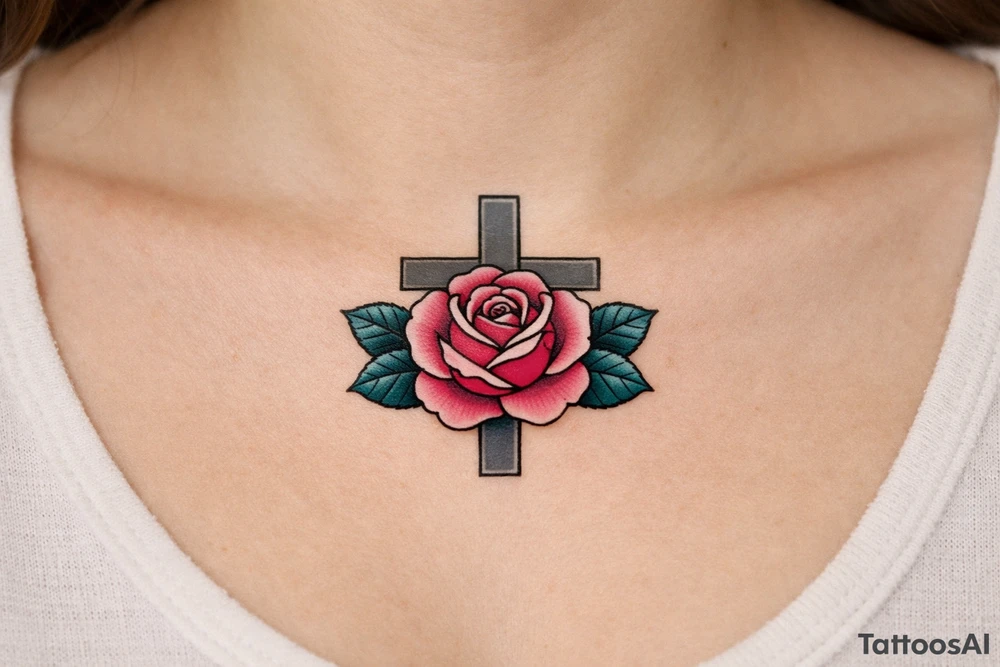 Pink rose , petrol leaves no stem, 
 cross behind it, cross is grey, cross is solid and has straight lines, vertical line is longer tattoo idea