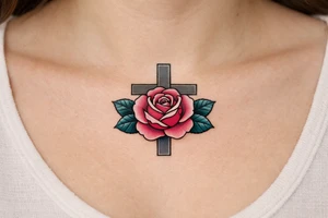 Pink rose , petrol leaves no stem, 
 cross behind it, cross is grey, cross is solid and has straight lines, vertical line is longer tattoo idea