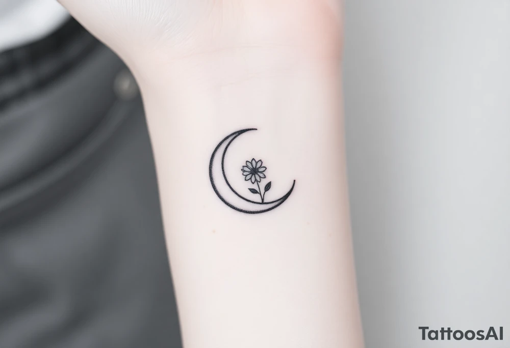 Small black and white tattoo waxing crescent moon with small Daisy birth flower and tiny Leo gliph tattoo idea