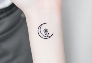 Small black and white tattoo waxing crescent moon with small Daisy birth flower and tiny Leo gliph tattoo idea