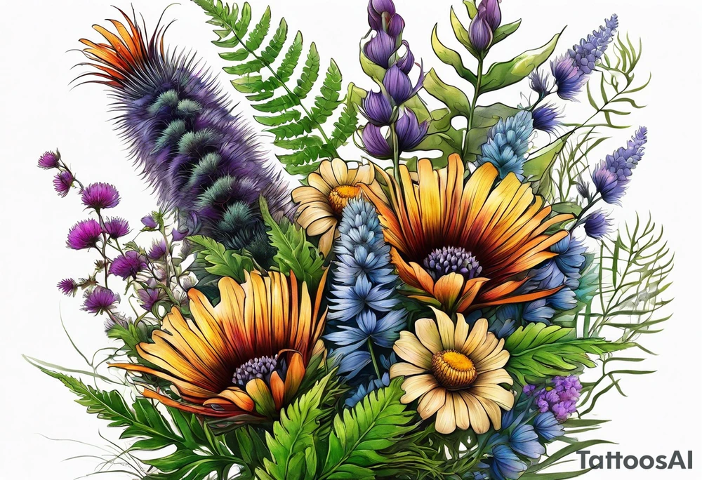 spread out mixed wildflower bouquet with ferns, thistle and with some color and show the design on a leg tattoo idea