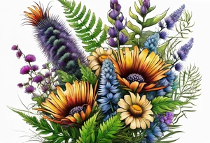 spread out mixed wildflower bouquet with ferns, thistle and with some color and show the design on a leg tattoo idea