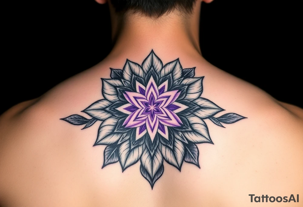 Merkaba symbol on a flower of life background, on the back top, the merkaba should be 3D with purple white colored, tattoo idea