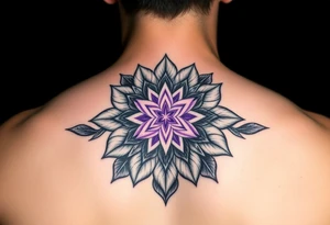 Merkaba symbol on a flower of life background, on the back top, the merkaba should be 3D with purple white colored, tattoo idea