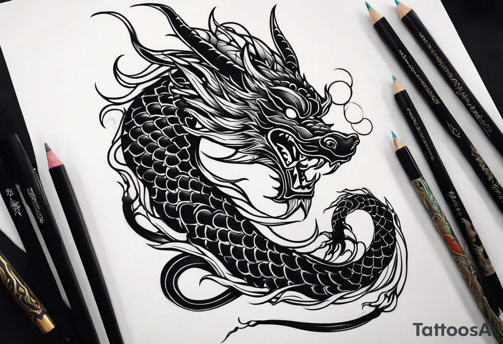 An epic floating asian dragon. Its long body coiling dynamically, with scales and horns detailed to create a sense of movement and strength. The dragon's color is giving a vibrant depth and a mystical aura. This tattoo highlights the dragon’s fierce expression and sharp claws. tattoo idea