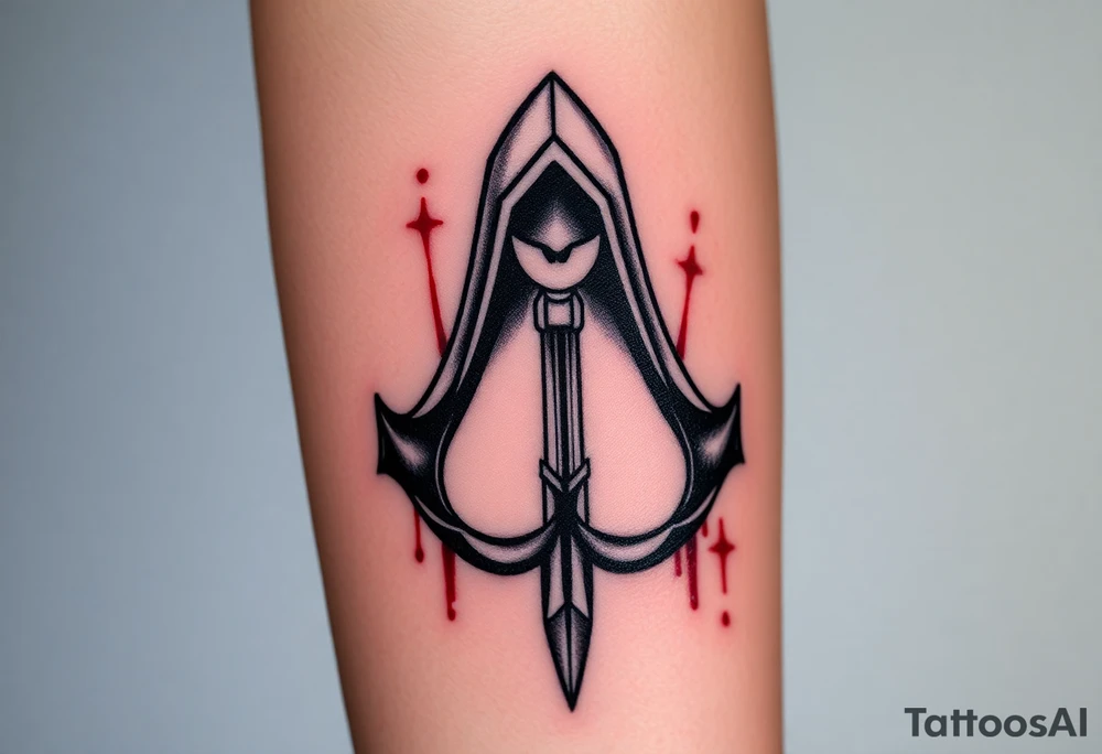 Assassins Creed emblem with hooded character, NO FACE, with blood splashes and a sword tattoo idea