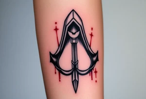 Assassins Creed emblem with hooded character, NO FACE, with blood splashes and a sword tattoo idea