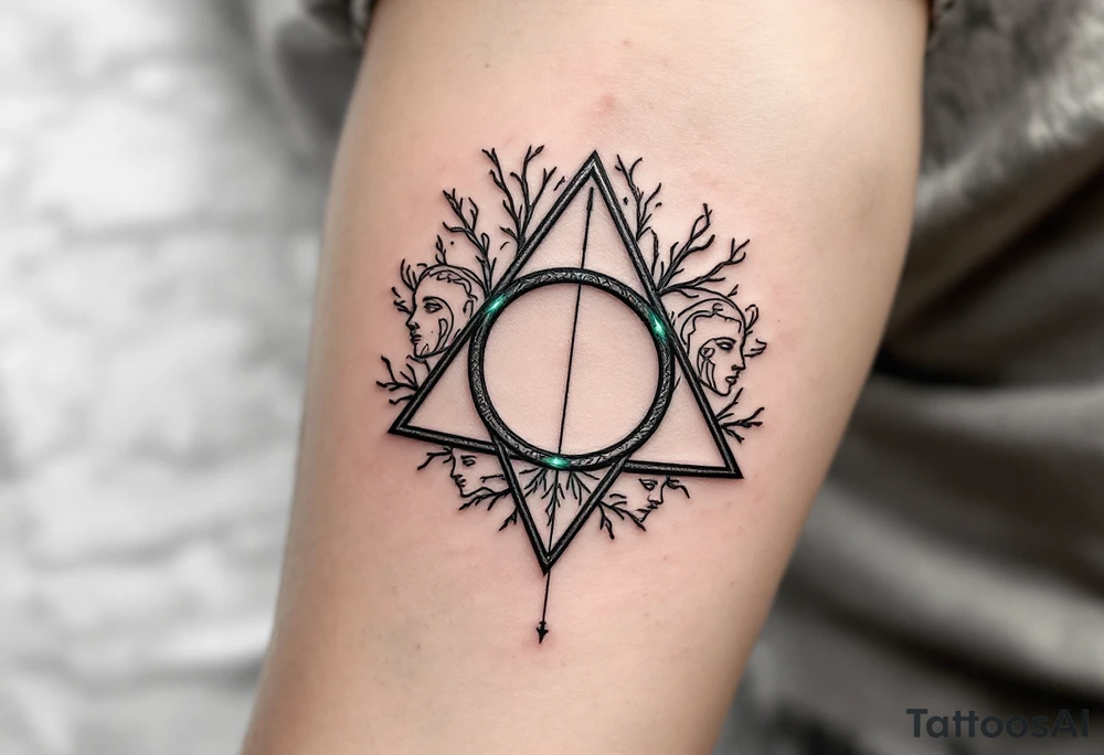 A detailed Deathly Hallows symbol (triangle, circle, and line) surrounded by faint outlines of faces in translucent gray. The ring has subtle green accents, signifying its connection to the world beyond. tattoo idea
