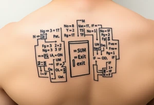 "Rat maze tattoo made of Excel formulas (=SUM, =IF). Exit door says 'No Exit' in Calibri font. Black ink, schematic style." tattoo idea