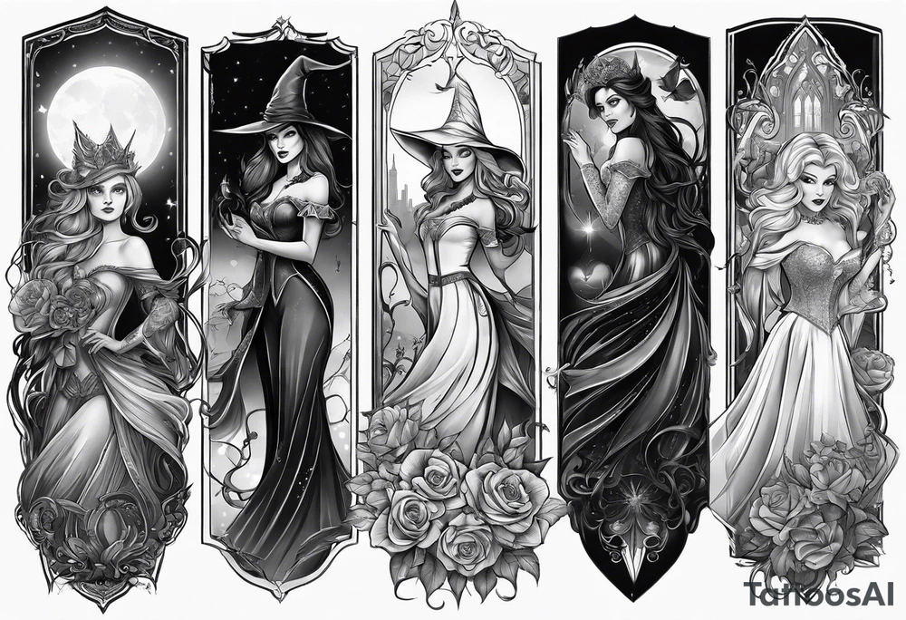 full arm sleeve very dark with Elphaba and Glinda tattoo idea