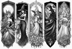 full arm sleeve very dark with Elphaba and Glinda tattoo idea