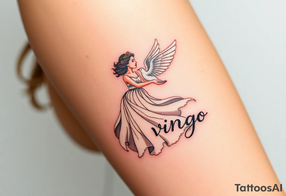 A young woman in a white flowing dress, releasing a glowing dove into the night sky and the word virgo tattoo idea