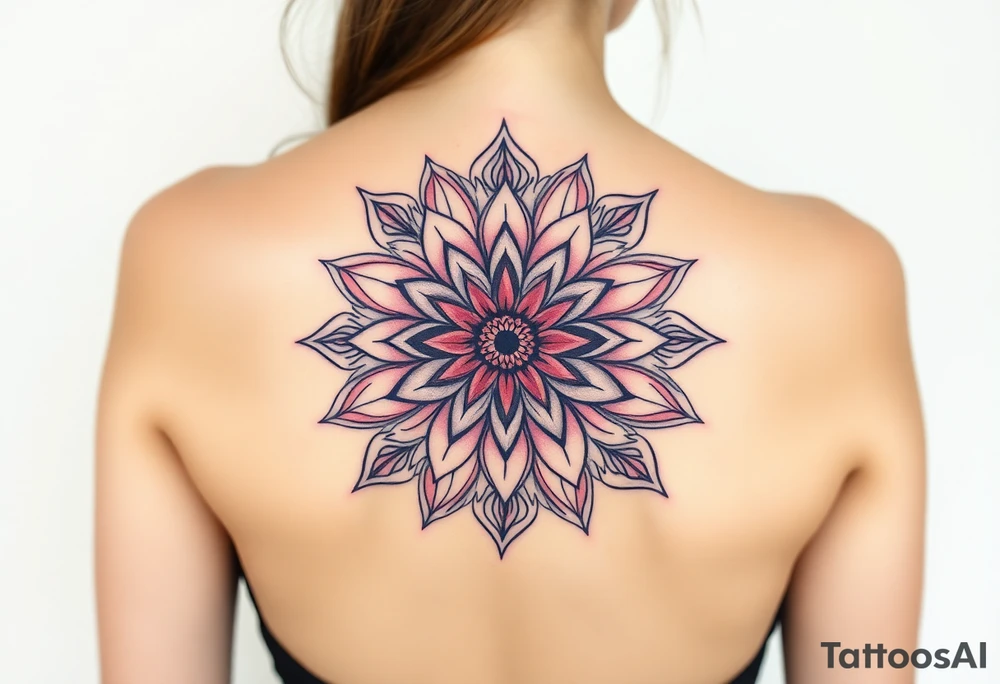 Long back mandala with a dahlia tattoo idea