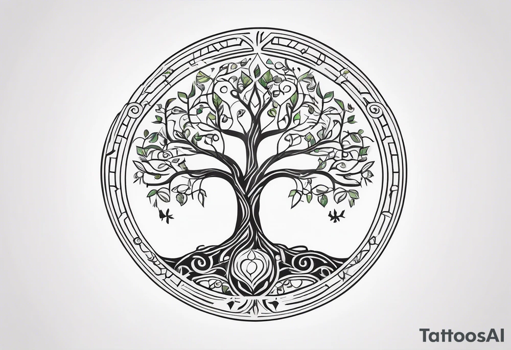 A Tree of Life in a circular design, with the Names Niko and Janina around it. tattoo idea