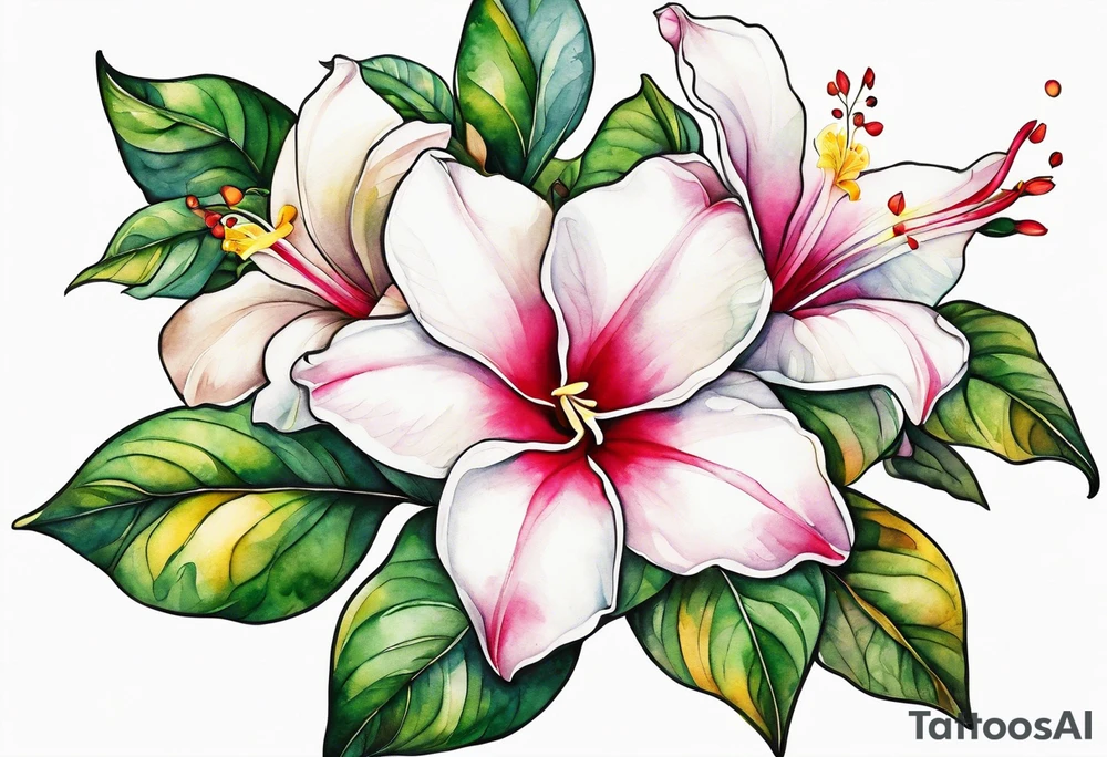 white background, abstract mandevilla flowers on a vine, part of it watercolor, part of it just line work tattoo idea
