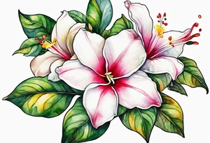 white background, abstract mandevilla flowers on a vine, part of it watercolor, part of it just line work tattoo idea