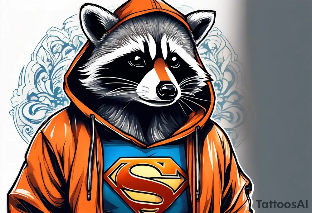 Raccoon wearing an orange Superman hoodie tattoo idea