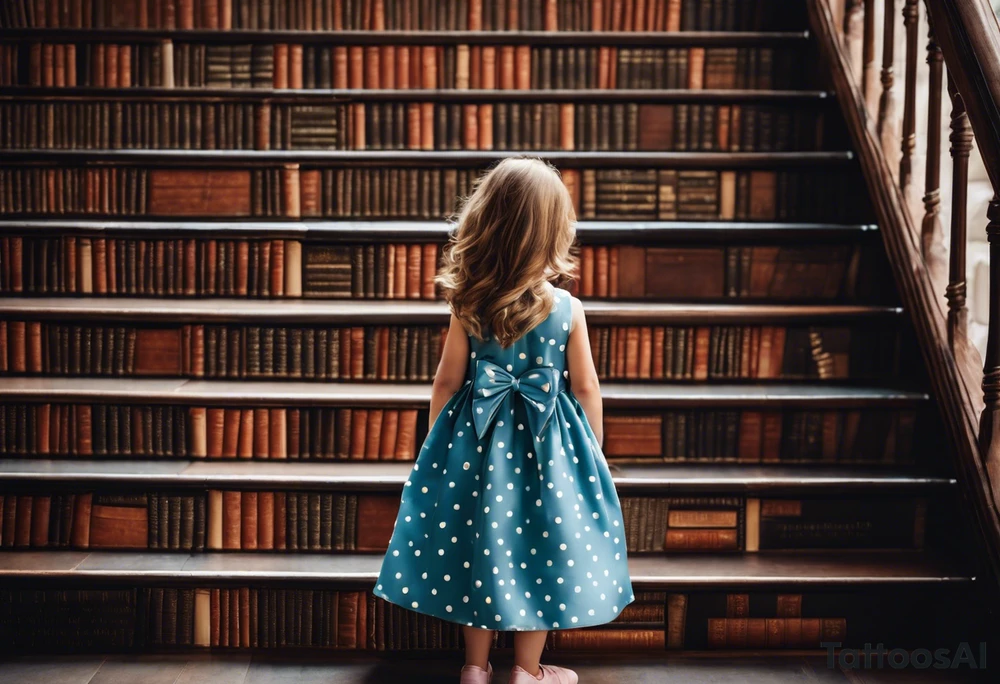5 year old girl. Facing away and walking up steps which look like large books. The binding of the books being the front of the stairs. The girl has her hair partially up, with a bow securing her hair. She's wearing a puffy a-line, polka dot dress. In one hand, she's holding the arm of a stuffed dog, in the other she hold the hand of someone who's arm slowing disappears. tattoo idea