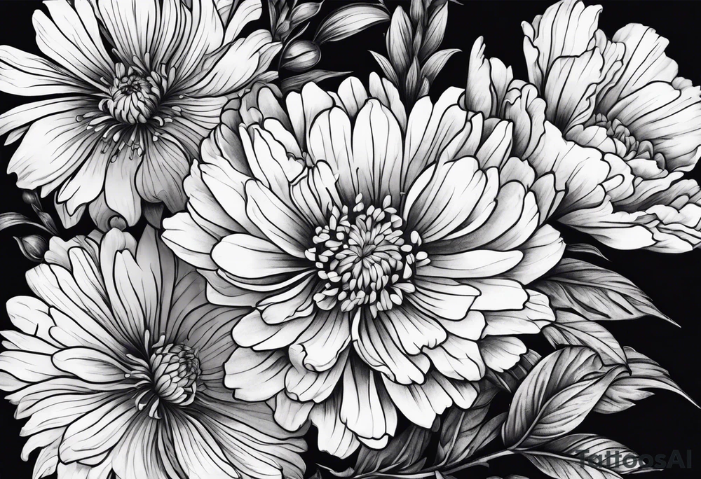 Carnation aster and violet blossom flat lay bouquet tattoo idea