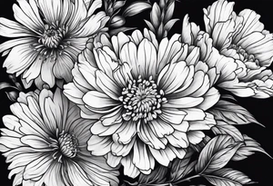 Carnation aster and violet blossom flat lay bouquet tattoo idea
