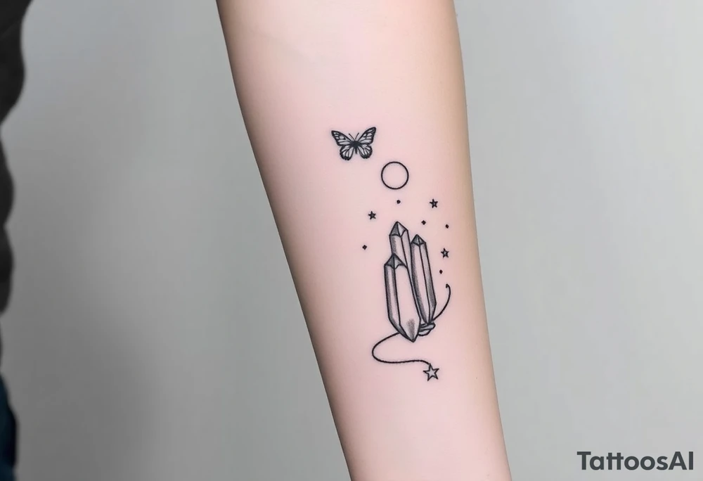 Placement: Forearm half sleeve, with forget-me-not wrapped around, with 3 small butterflies placed around it on the outer forearm. The word ‘siempre’ along the inside of the wrist around the radial pulse area. On the palm side of the wrist, there is 444 and a fine line moon and star. On the inner forearm, there are two crystals tied together with rope, with some stars dotted around it and two fine line leaf stems, and a moon above it. All tattoos in black ink. tattoo idea