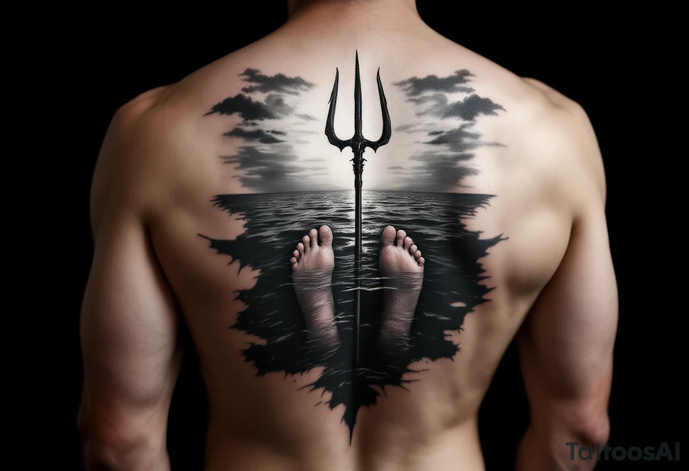 barefeet behind trident half way under water and sunset tattoo idea