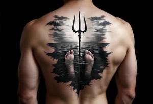 barefeet behind trident half way under water and sunset tattoo idea