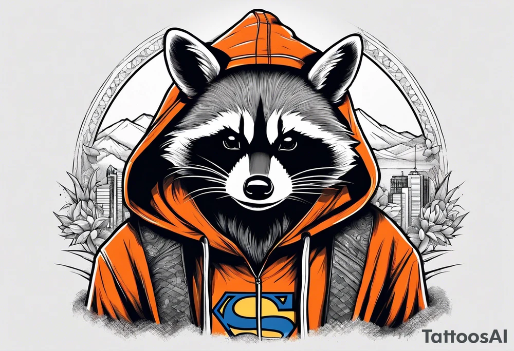 Raccoon wearing an orange Superman hoodie tattoo idea
