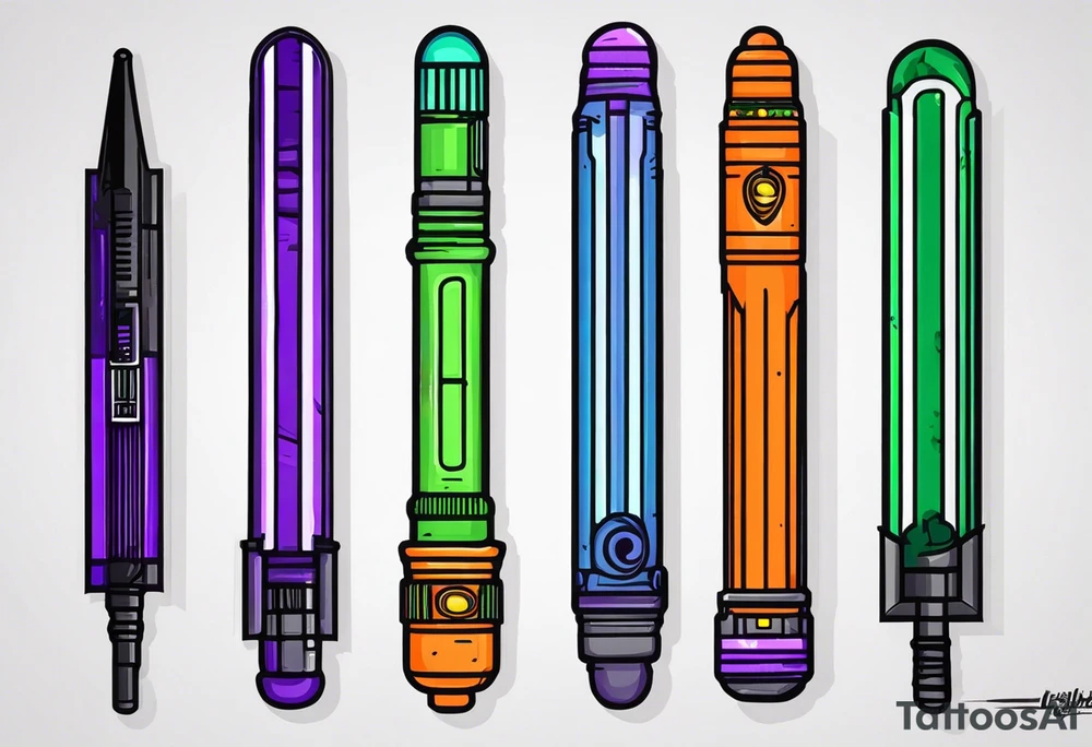 blue lightsaber, green lightsaber, orange lightsaber, purple lightsaber tattoo idea