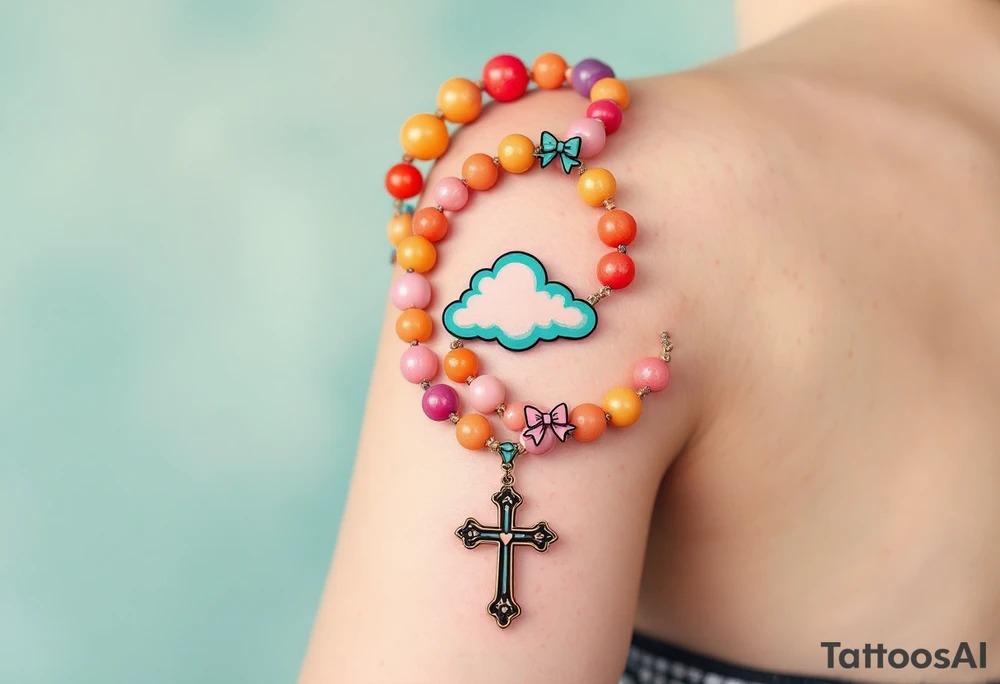 Whimsical comic‑book rosary draped in a gentle spiral around the forearm: oversized beads shaped like shiny gumdrops in sunset orange, lemon yellow, and cotton‑candy pink, connected by a chunky teal ribbon that forms playful bows between each decade; the dangling crucifix is a stylized teal‑and‑white cloud with little wings and a tiny heart at its center. Bold ink outlines and soft gradient shading give the piece a fun Saturday‑morning‑cartoon feel. tattoo idea