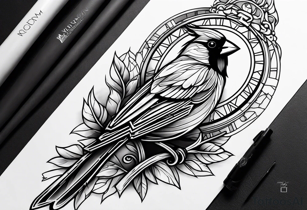 Men’s Forearm Tattoo with a cardinal and roman numerals tattoo idea