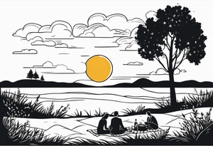 minimalstic picnic scene in nature on a blanket, with tennants in one tree and sun in the sky tattoo idea