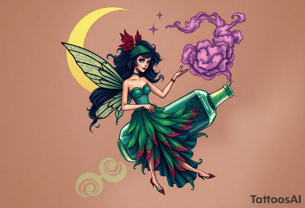 Tim Burton’s kelly doty pin up style Vintage Parisian elegant and hauntingly beautiful yet eerie full body absinthe Green Fairy dances outside her victorian crystal decatur she was once inside this elaborate ornate bottle absinthe bottle Absinthe Art Nouveau   and dripping with muted reds, dusty pinks, and eerie green glow.purple and cyan smokey clouds swirl in the crescent moonlit sky thats sprinkled with stars tattoo idea