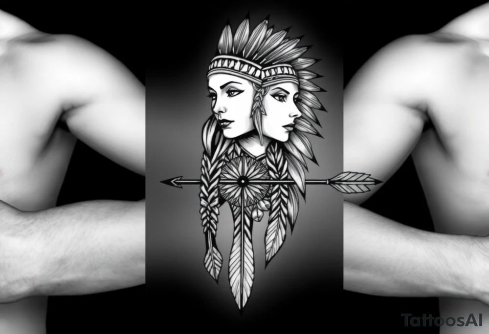 Native American girl with headdress the sun and arrowhead tattoo idea