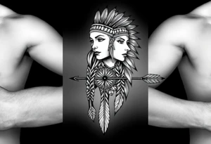 Native American girl with headdress the sun and arrowhead tattoo idea