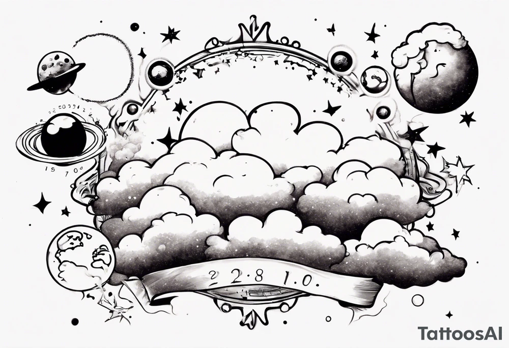 a cloud with planets and the date 12.08.05 tattoo idea