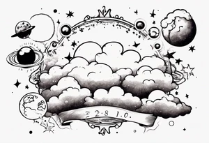 a cloud with planets and the date 12.08.05 tattoo idea
