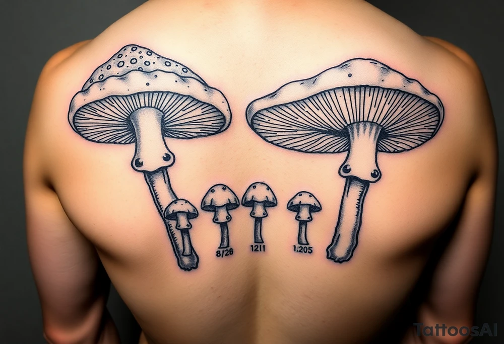 Psychedelic mushrooms two big four small with the stems of the small ones being their birth date which is 8/3/18, /9/10/21, 11/18/22 and 1/20/25. More color tattoo idea