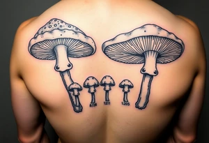 Psychedelic mushrooms two big four small with the stems of the small ones being their birth date which is 8/3/18, /9/10/21, 11/18/22 and 1/20/25. More color tattoo idea